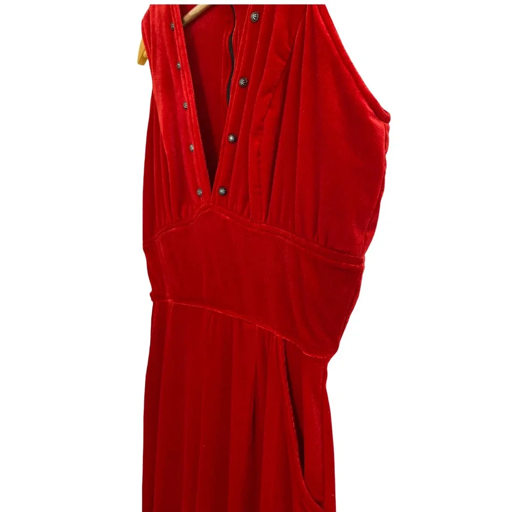 VTG Silverado Womens Red Velvet Studded V-Neck Wide Leg Jumpsuit S Western Glam